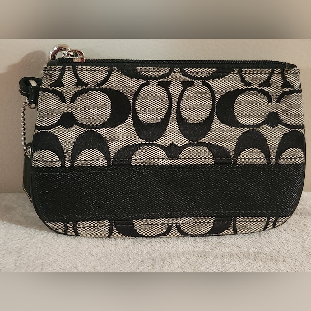 Coach Black And Silver Monogram Wristlet Wallet Leather Trim Sparkle Shimmer - Picture 3 of 11